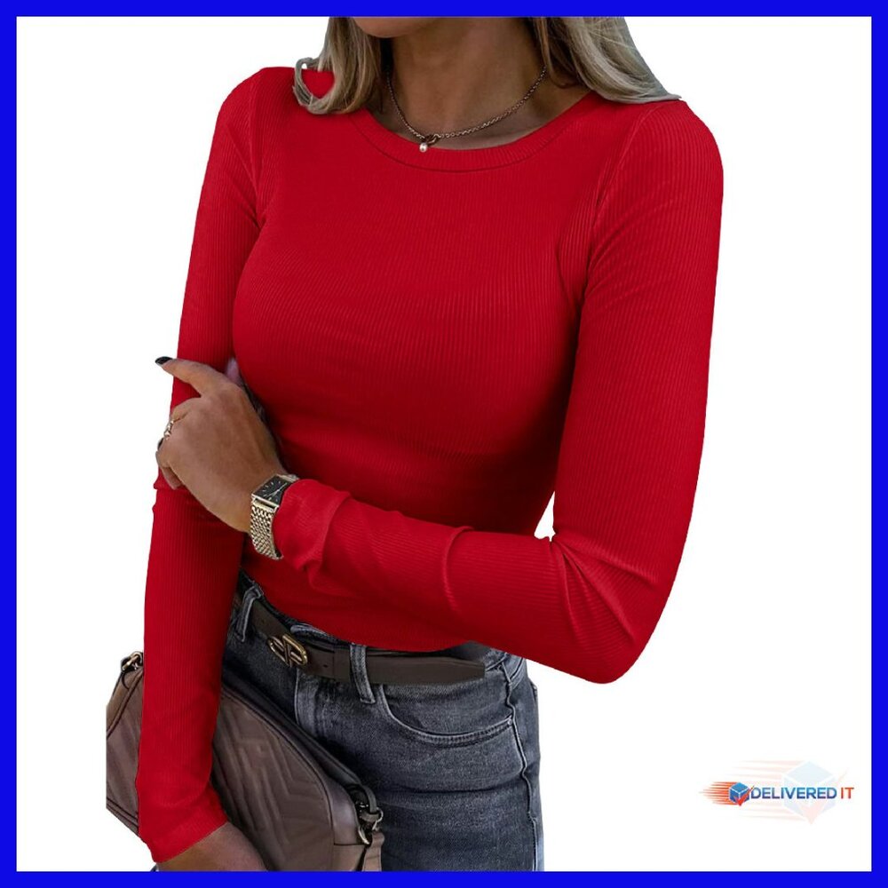 Long Sleeve Ribbed Crewneck T-Shirt Slim Fit Stretchy Soft Rayon Spandex
